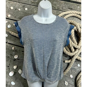 Anthropologie W5 Blue Striped Blouse Sz Large Sleeveless Top Coastal Front Knot